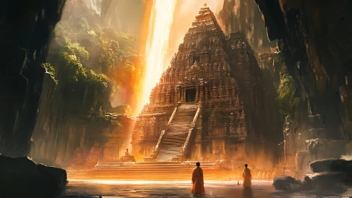 Sunlit jungle temple rises within a cavernous sanctuary.