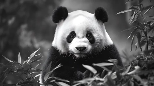 Giant panda sitting quietly among dense bamboo foliage.
