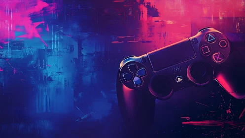 Neon-lit game controller rests in a bold abstract haze.