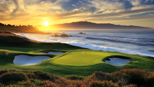 Coastal golf green under vivid ocean sunset sky.