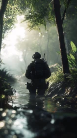Soldier moves through shallow jungle stream in backlit scene