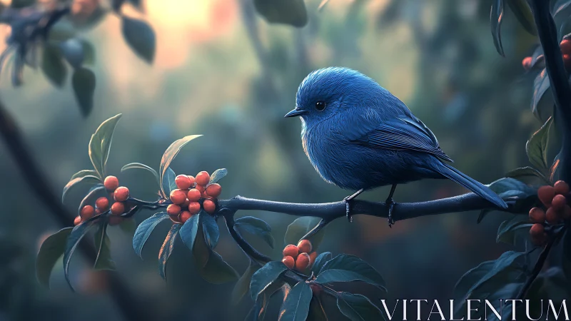 Blue Songbird on Berry Branch in Dreamy Soft Focus Nature Art.