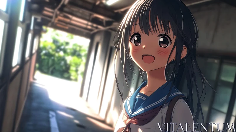 Smiling anime schoolgirl in sunlit corridor environment.