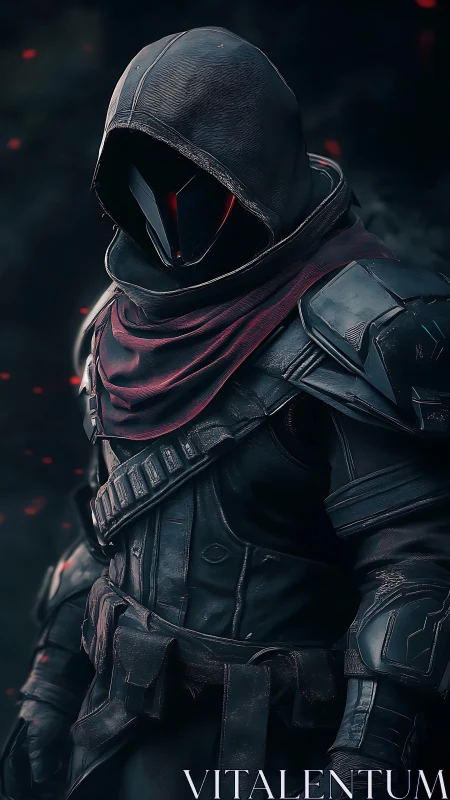 Hooded armored figure stands in dark environment with sparks