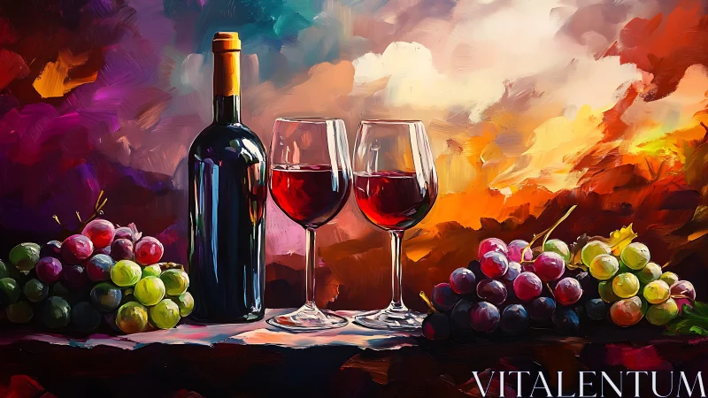 Wine bottle and grapes glow under vivid sunset brushwork.