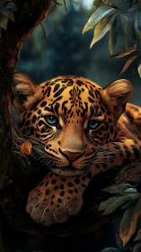 Digital rendering of resting leopard in dense forest setting.