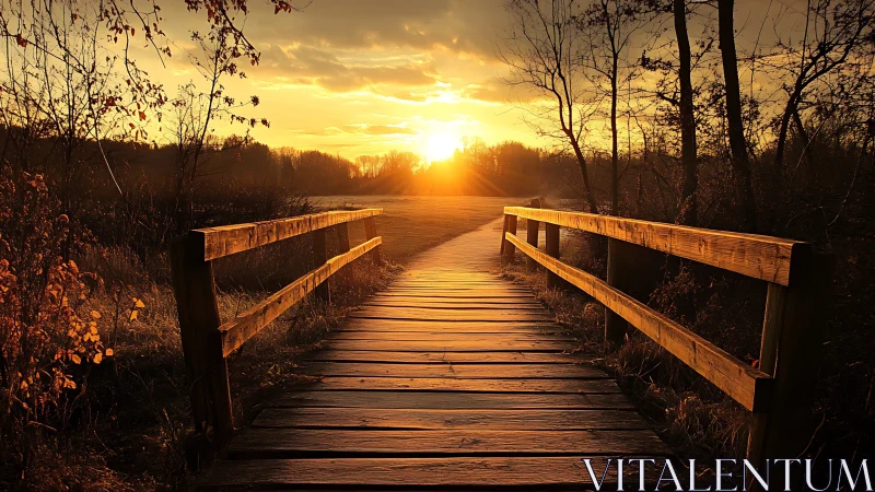 Wooden footbridge over rural path at low sun on horizon.