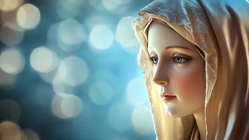 Veiled female statue rendered with soft bokeh background