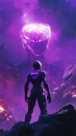 Starlit wanderer confronts cosmic giant in violet storm.