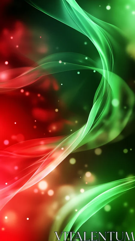 Red and green light waves on dark abstract background.