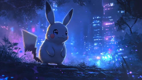 Pikachu stands in neon lit forest with distant city skyline