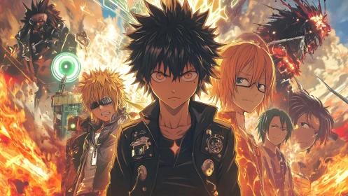 Flame-born rebels march through a storm of neon ruin.