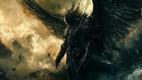 Stormborne Shadow Seraph Confronts a Falling Mortal.