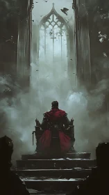 Lone warlord on shadowed throne beneath ruined cathedral window
