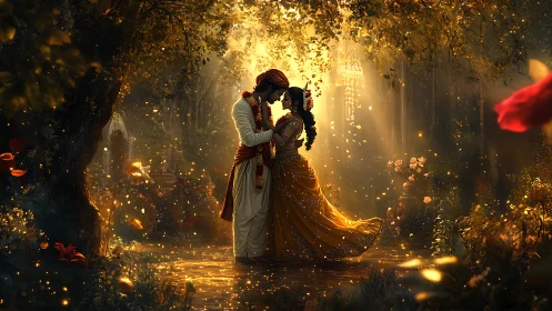 Ethereal Couple Suspended in Luminous Forest Glow with Cascading Golden Particles.