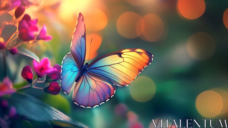 Colorful butterfly on flowers in glowing garden light.