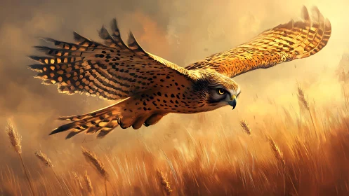 Majestic Hawk Soaring Over Golden Wheat Field, Realistic Art Style.