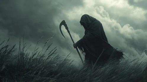 Grim wanderer in stormy fields beneath restless skies.