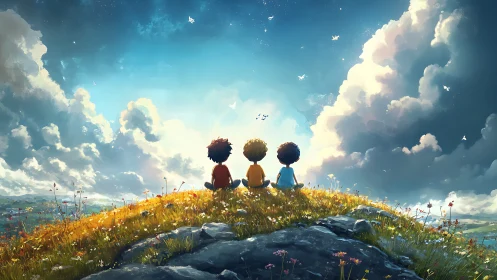 Three figures contemplating vast landscape beneath dramatic cumulus cloud formations and azure sky. 