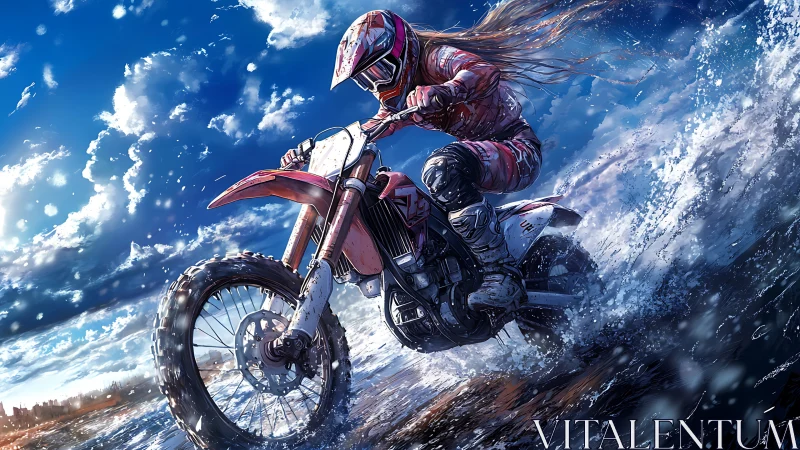 Dynamic anime motocross rider slicing through ocean spray.