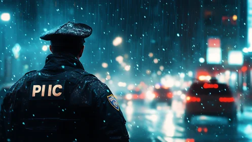 Police officer on snowy neon lit city street at night.