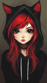 Red haired cat-hood girl holds a quiet, enigmatic gaze