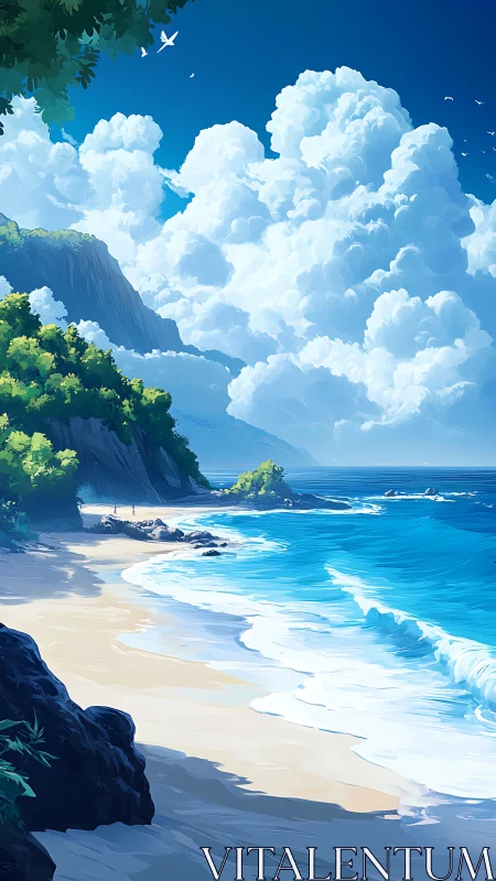 Coastal Landscape with Volumetric Cloud Formation and Atmospheric Perspective Rendering