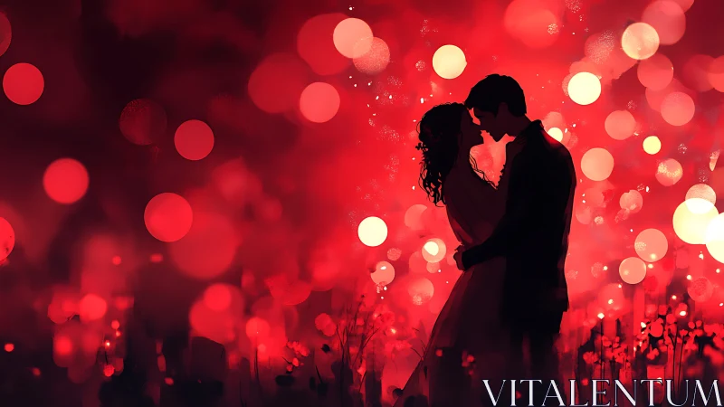 Silhouetted Couple Embracing in Radiant Red Bokeh.