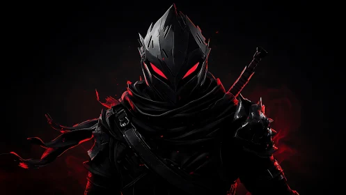 Armored dark figure with red glowing eyes in shadowed space.