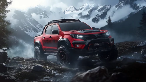 Red off road pickup truck in rugged alpine mountain terrain.