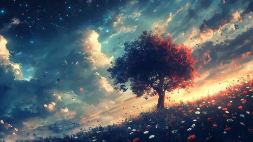 Lone red tree on hillside beneath glowing sky at dusk.