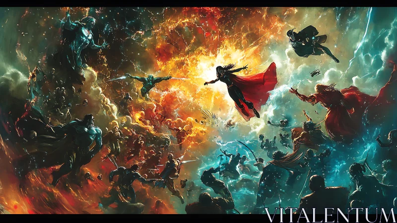 Cosmic clash of caped figures in divided fiery nebulae.