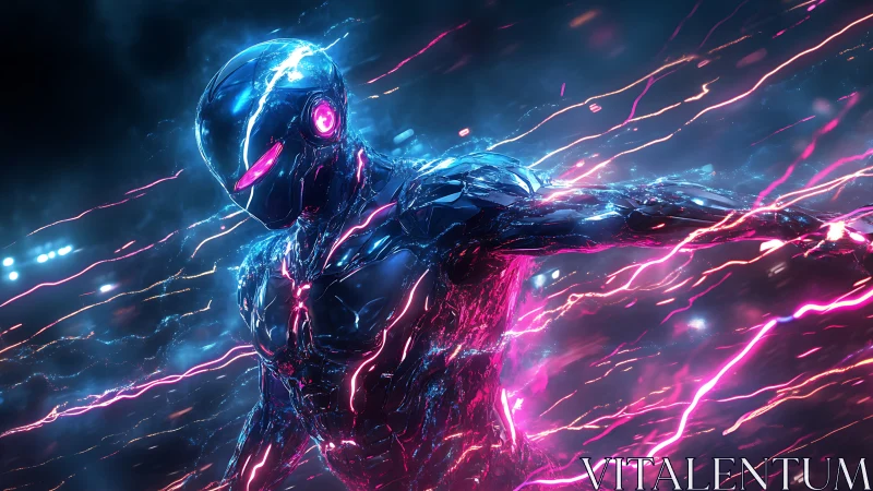 Neon-charged cyber hero racing through electric night.