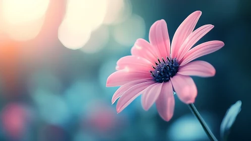 Pink Daisy with Dark Center Against Blurred Teal Background.