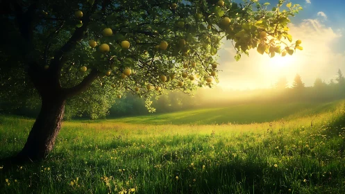 Sunlit orchard tree extends over grassy field at sunrise