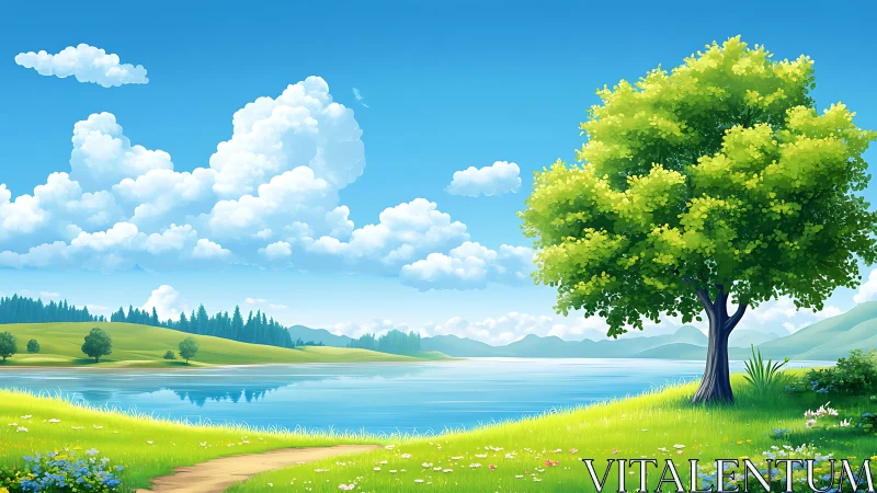 Summer lakeside tree under vivid blue sky and clouds.