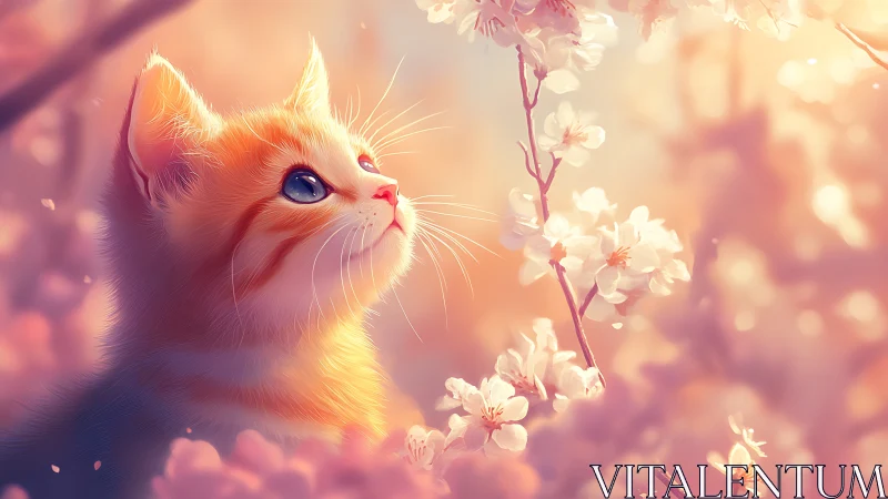 Illuminated Feline Portrait with Atmospheric Bokeh and Botanical Elements Rendering