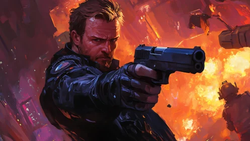 Man aims handgun forward against city explosions in night scene