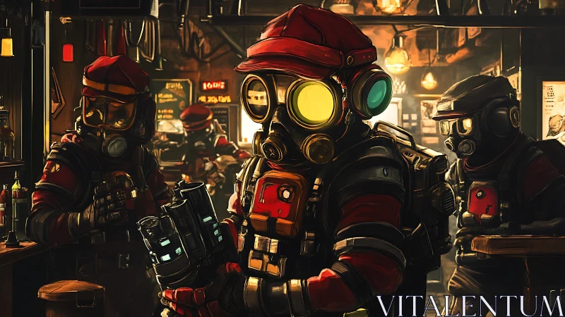 Gas-masked explorers gather in a dim, neon-lit tavern.