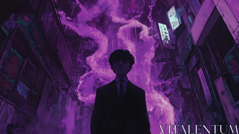 Solitary suited figure confronts swirling violet alley aura