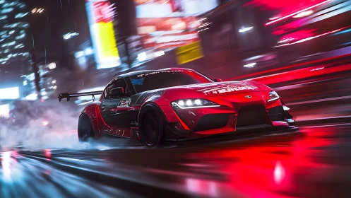 Red tuned sports car drifting through neon city streets.