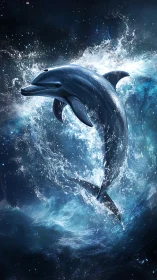 Dolphin rendered in mid-leap amid dynamic ocean spray.