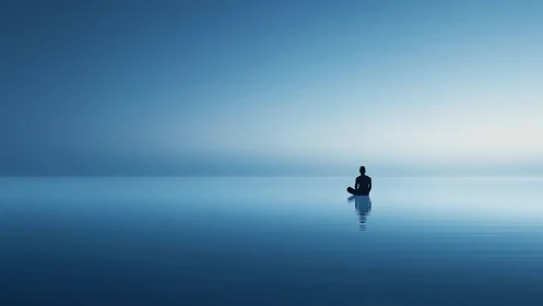 Solitary seated figure on calm blue reflective water surface.