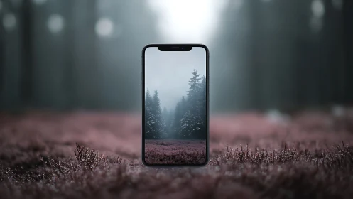 Smartphone Framing Misty Forest Landscape with Pine Trees.
