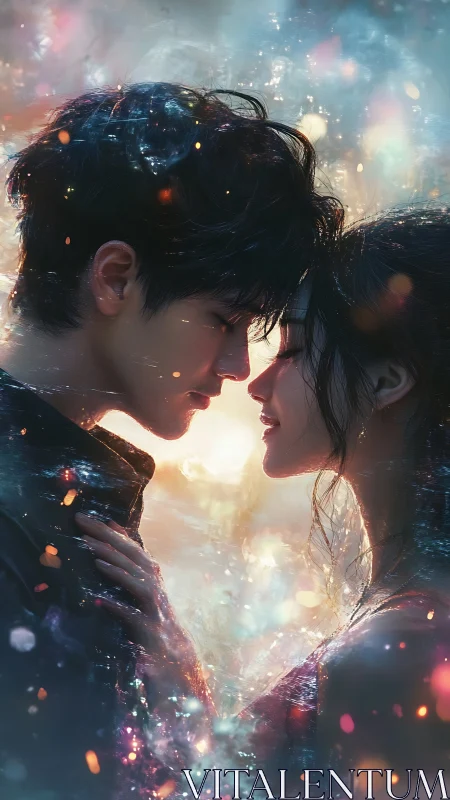 Two figures in intimate moment with luminescent digital overlay.