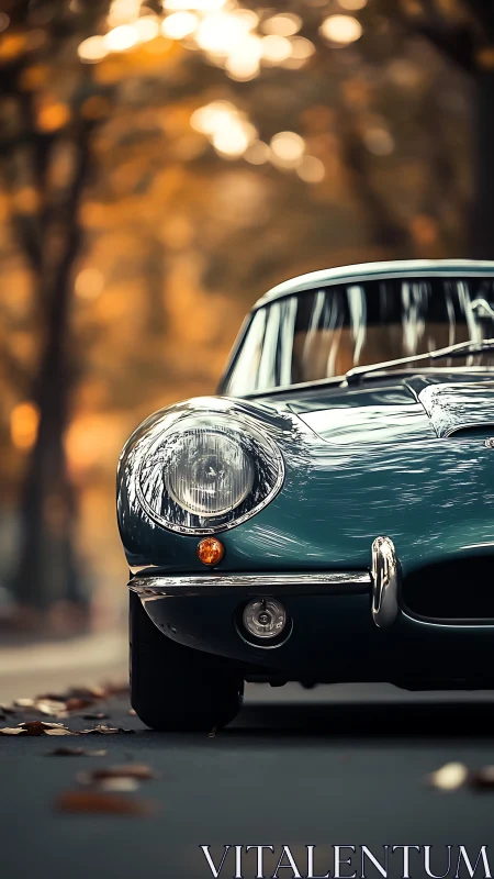 Classic teal coupe front end parked on tree-lined road