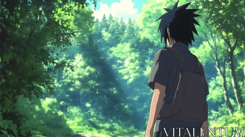 Quiet forest wander with a thoughtful anime traveler.