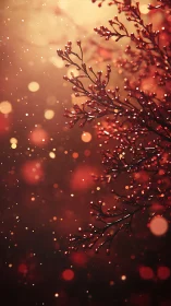 Crimson branch glows under golden bokeh light storm.