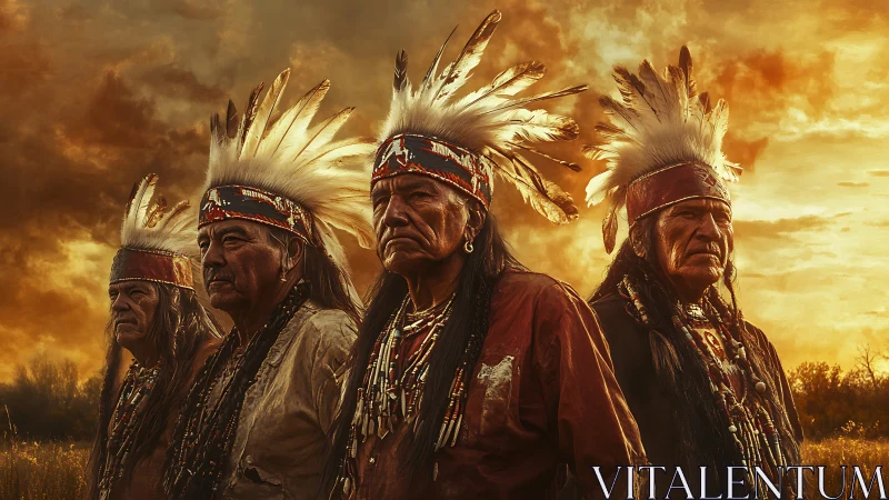 Elders in feathered regalia under dramatic sunset sky.