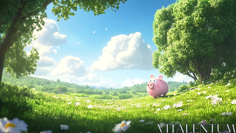 Plump pink piglet patrols a sunlit meadow of daisies